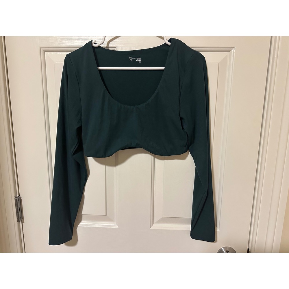 OFFLINE by Aerie Crop Top Women L Green Ribbed Long Sleeve Scoop Neck Activewear